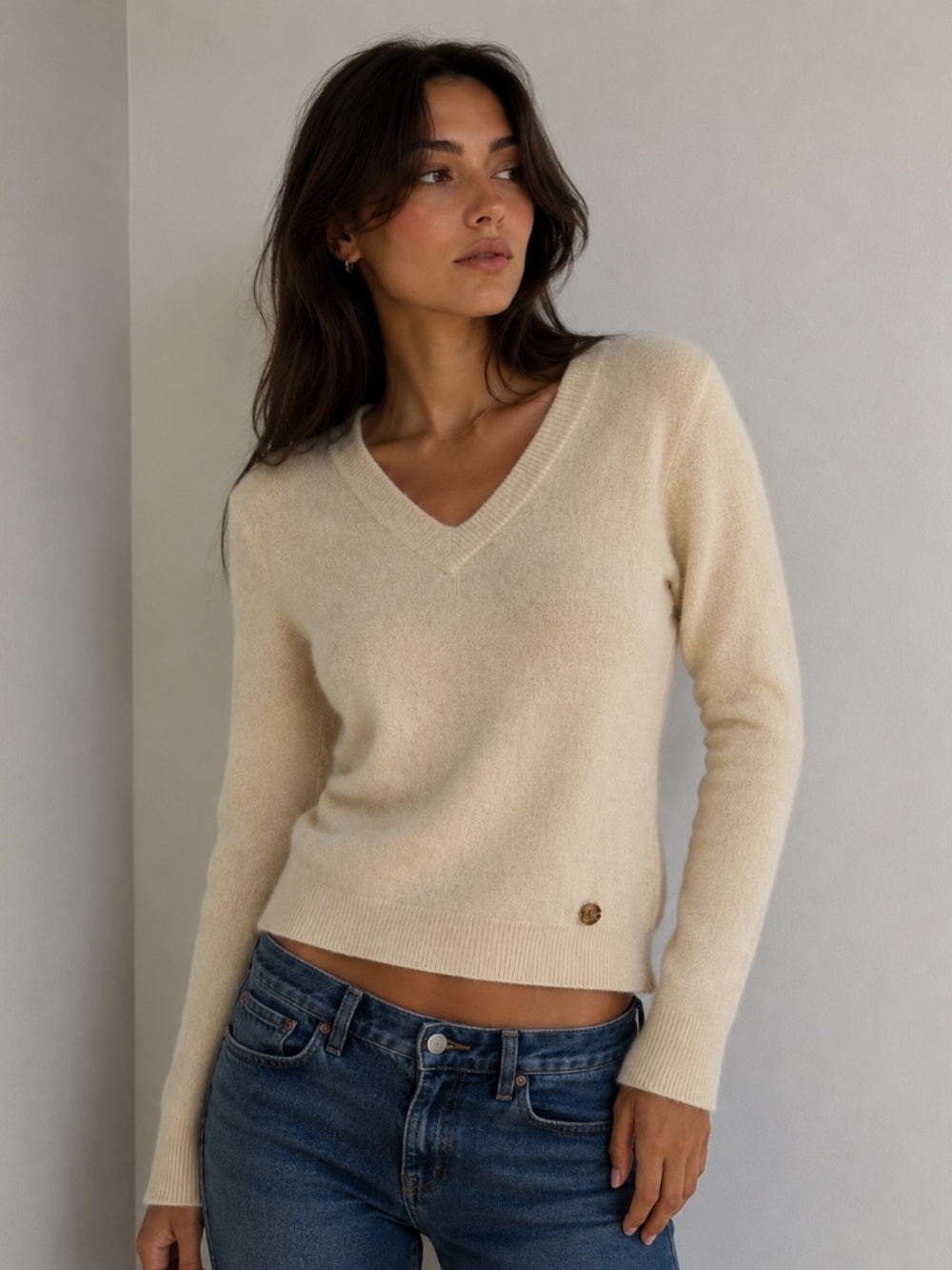 Micheal Kors Cream V-Neck Sweater
